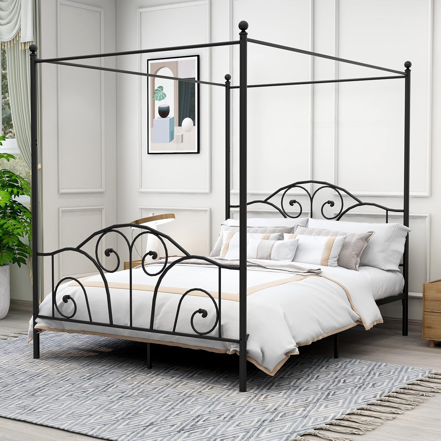 Canopy Bed Frame Metal Queen - Queen-Size Metall-Himmelbettgestell mit Kopf- und Fußteil,