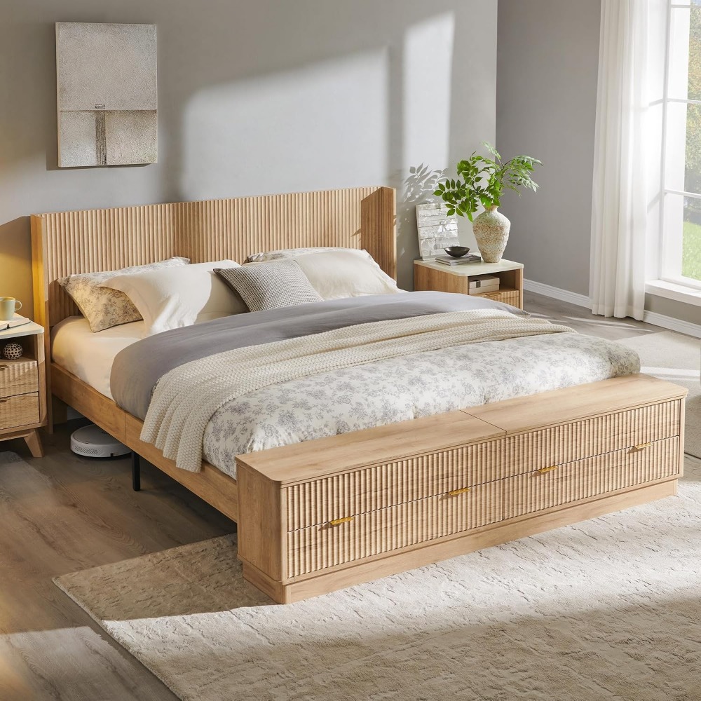King Size Bed Frame With Storage Drawers - King-Size-Bettgestell mit Stauraum-Bank, Wingback-Kopfteil, Schubladen, Holz-Stahl-Plattform,