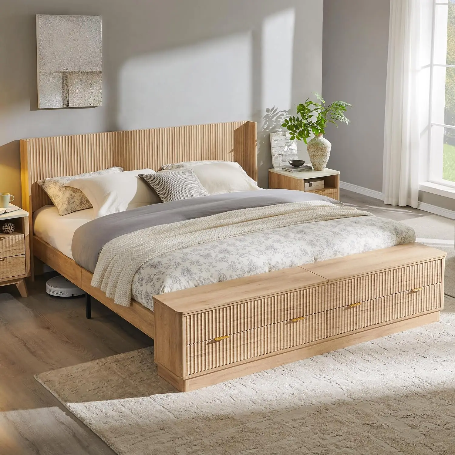 King Size Bed Frame With Storage Drawers - Gerilltes Kingsize-Bettgestell mit Kopfteil und Stauraumbank