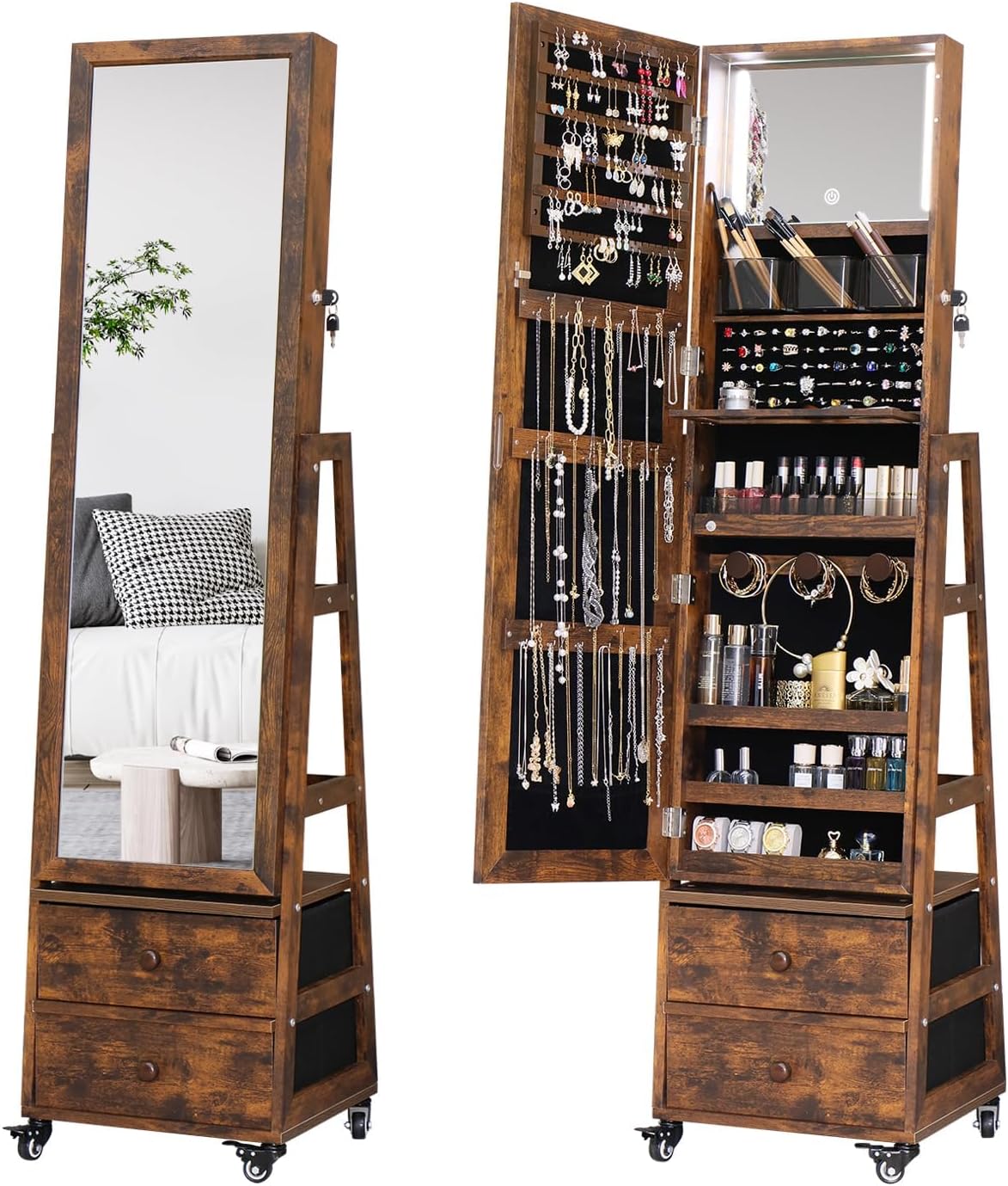 Full Length Mirror Jewelry Armoire - Drehbarer Schmuckschrank mit Schminkspiegel, abschließbarer Schmuckschrank,