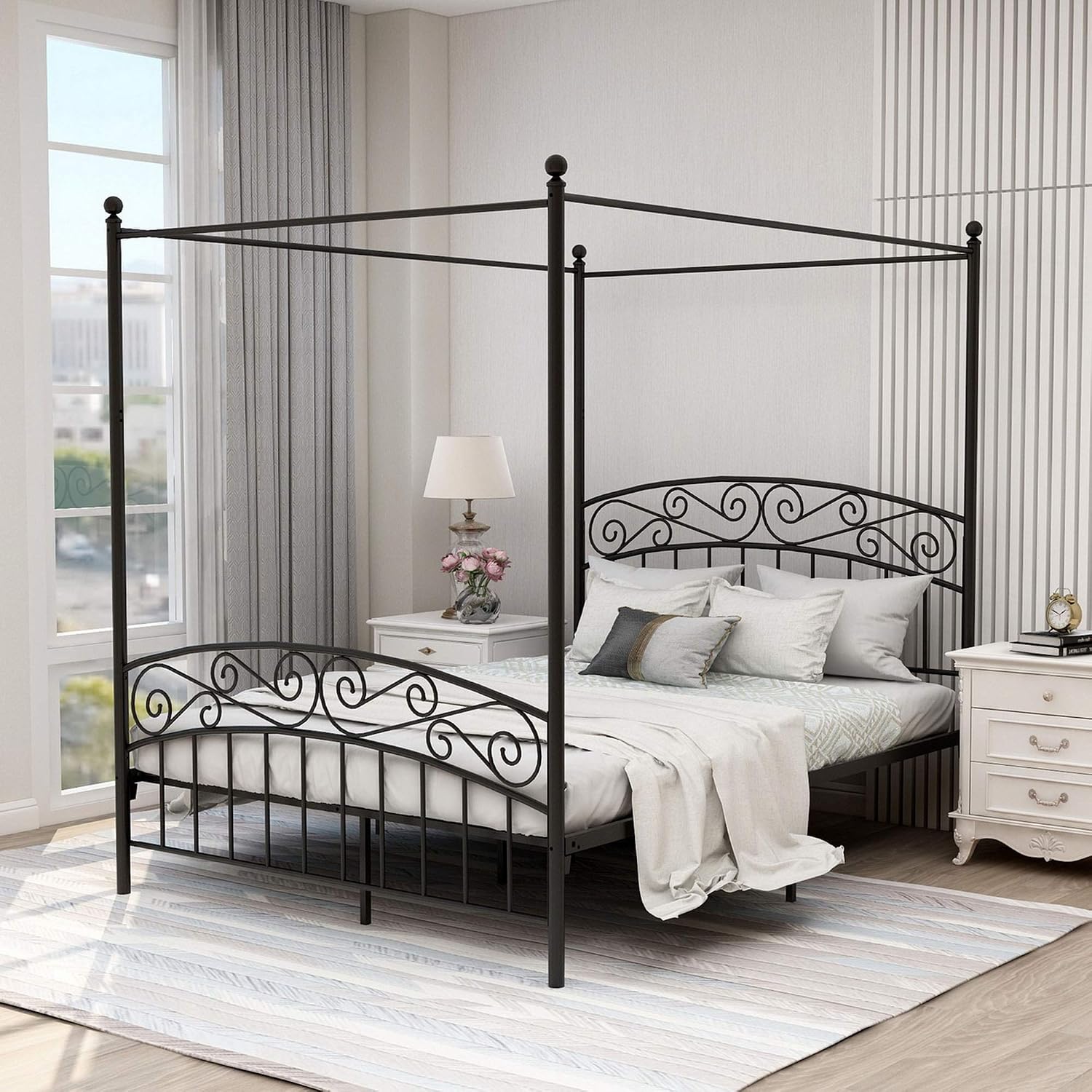 Canopy Bed Frame Metal Queen - Queen-Size Metall-Himmelbettgestell mit Kopf- und Fußteil,