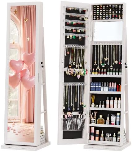 Full Length Mirror Jewelry Armoire - 4-in-1 Schmuckschrank, abschließbarer Schmuckschrank, weiß |
