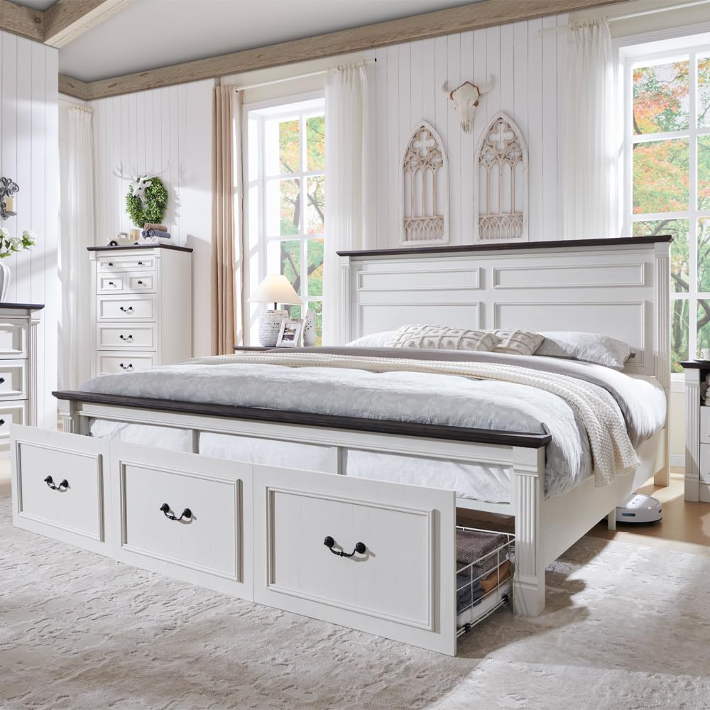 King Size Bed Frame With Storage Drawers - Farmhouse Kingsize-Bettgestell mit 51 Zoll hohem