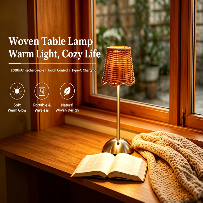 Bedroom Furniture - Böhmische Geflochtene Rattan-Kunst-Tischlampe, 3-stufig dimmbar, Touch-Steuerung,