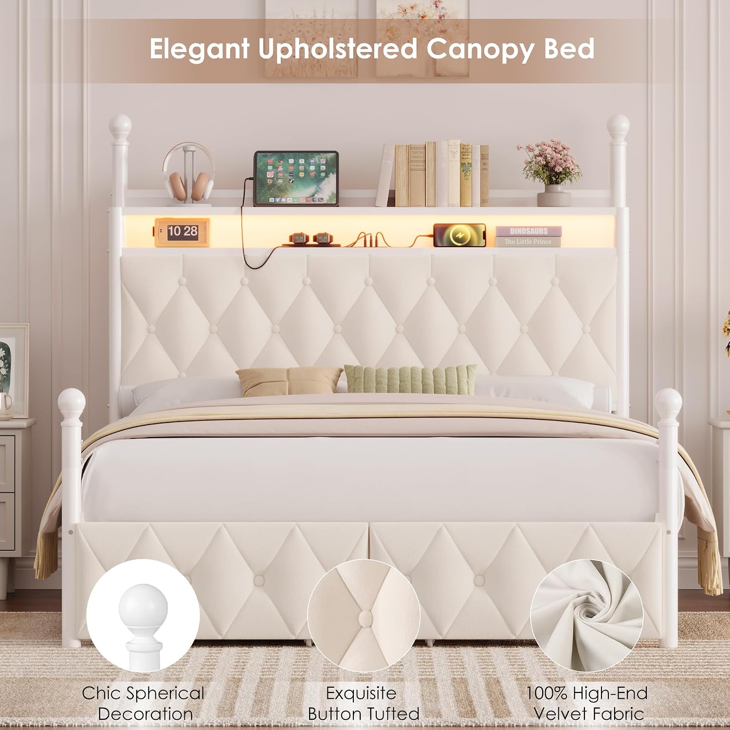 Canopy Bed Frame Metal Queen - LED-Bettgestell mit Himmelbett in Queen-Size, Stauraum