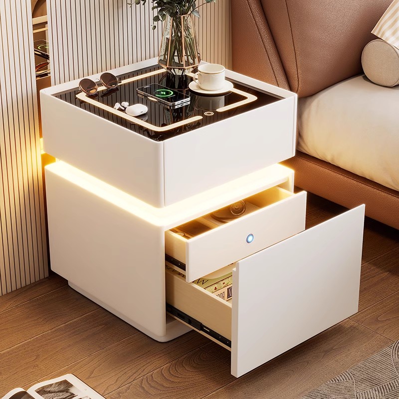 Solid Wood Nightstand 2 Drawers - Intelligenter Nachttisch mit Sensorlicht, Schlafzimmer aus