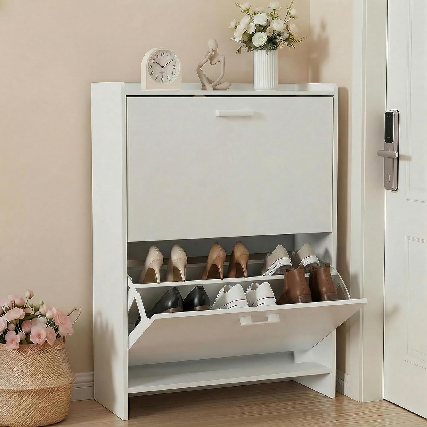 Shoe Rack Cabinet Narrow Entryway - # Schmaler Schuhschrank mit 2 Klappschubladen,