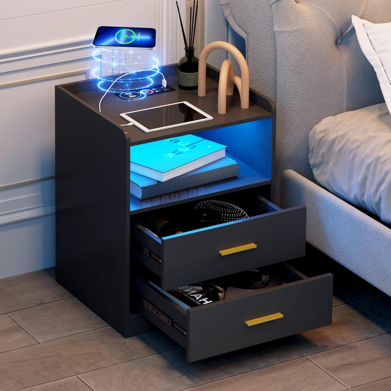 Solid Wood Nightstand 2 Drawers - Schwarzer LED-Nachttisch mit Ladestation, moderne 24-Farben-RGB-LED-Leuchten,