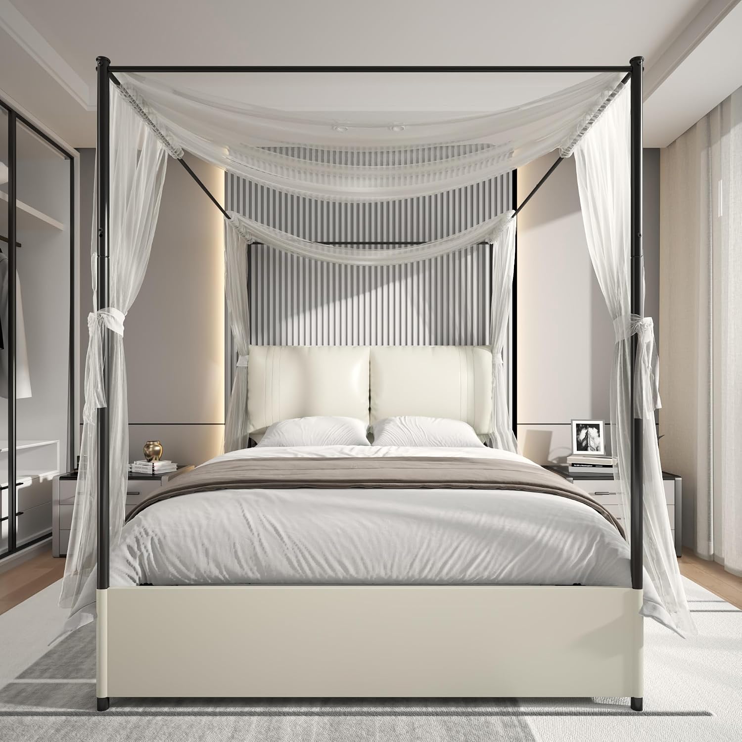 Canopy Bed Frame Metal Queen - Queen-Size-Himmelbettgestell mit gepolstertem Kopfteil, Metallunterstützung, einfache