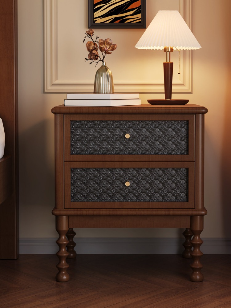 Solid Wood Nightstand 2 Drawers - Vintage-Nachttische, bedrucktes Glas, Massivholzmöbel, Aufbewahrungsschrank für