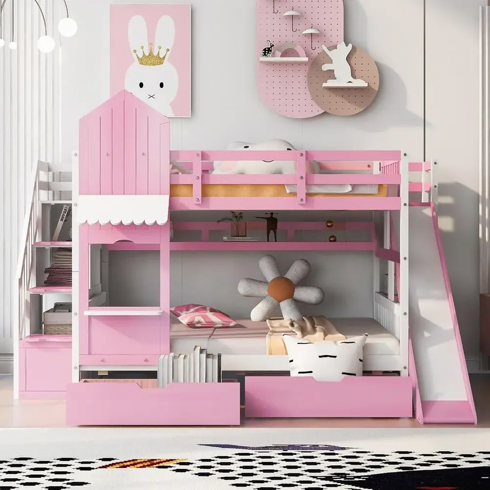 Bunk Bed With Stairs And Slide - Kinder-Etagenbett mit Treppe, Rutsche und Aufbewahrungsschubladen,