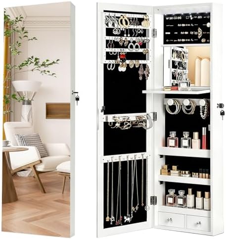 Full Length Mirror Jewelry Armoire - Abschließbarer Schmuckschrank-Organizer mit Ganzkörperspiegel, 6 automatischen