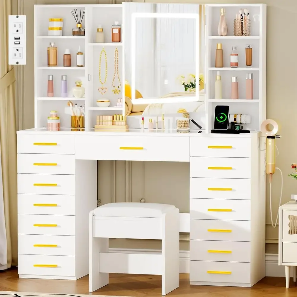 Dressing Table Vanity With Lighted Mirror - LED-beleuchteter Schminktisch mit Glasplatte, 15 Schubladen,