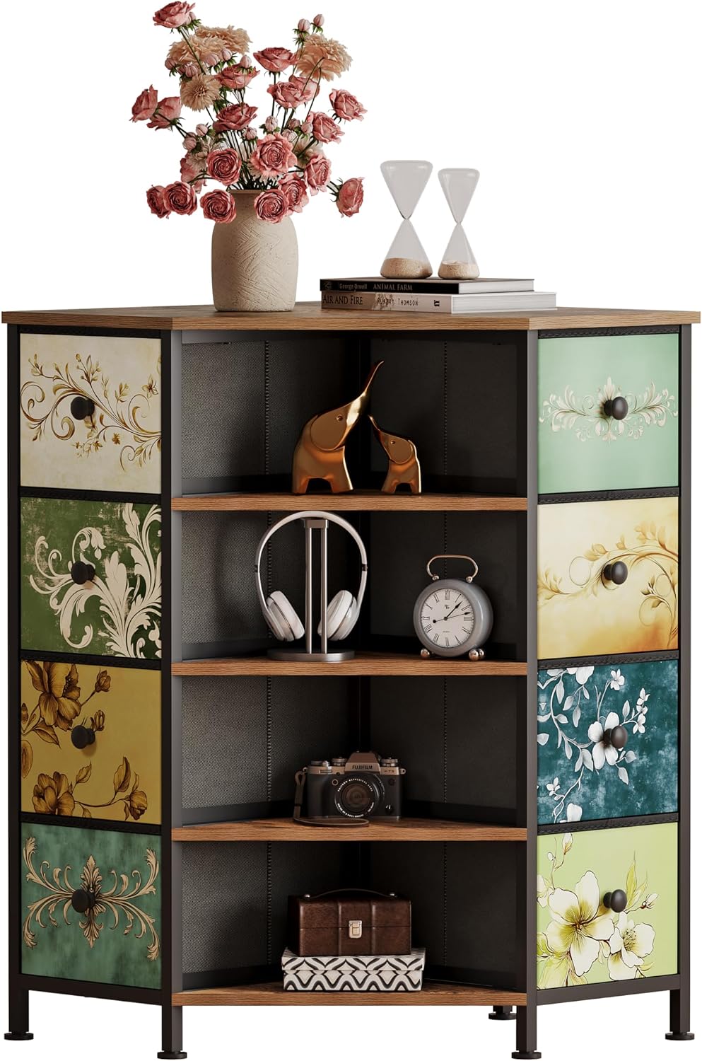 Bedroom Furniture - 8-Schubladen-Eckkommode mit Stoffschubladen und Holzregal, freistehender