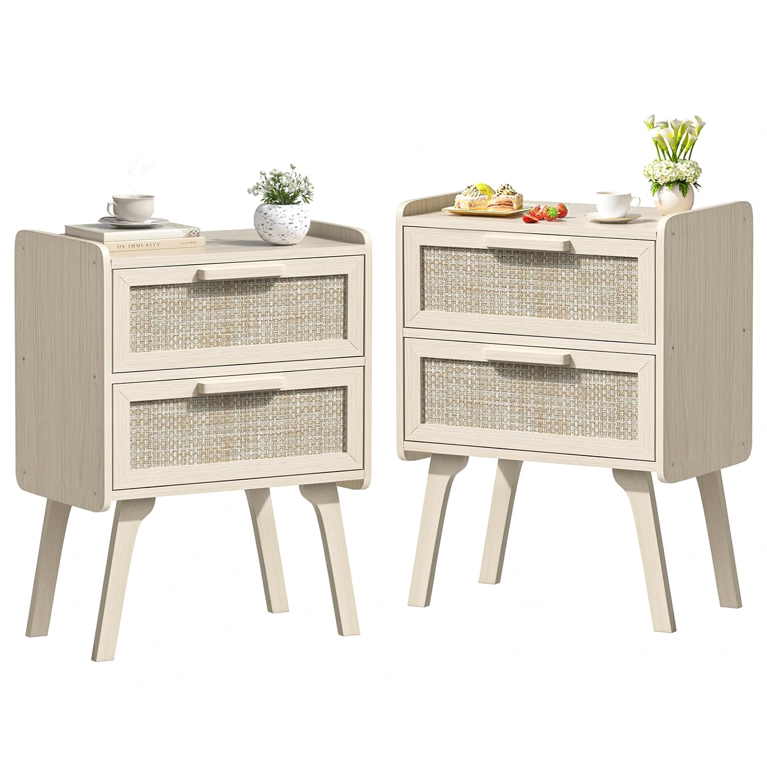 Solid Wood Nightstand 2 Drawers - Rattan-Nachttisch-Set mit 2 Schubladen, Beistelltisch mit