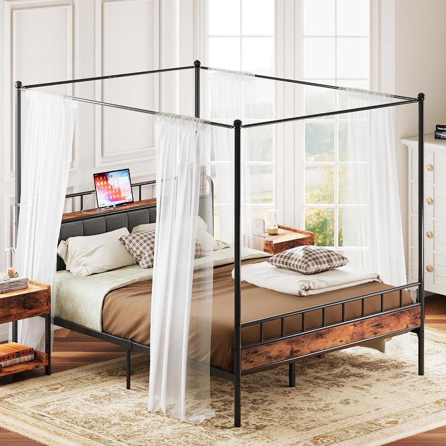 Canopy Bed Frame Metal Queen - Queen-Size-Himmelbett mit Stauraum im Kopfteil, Ladestation,