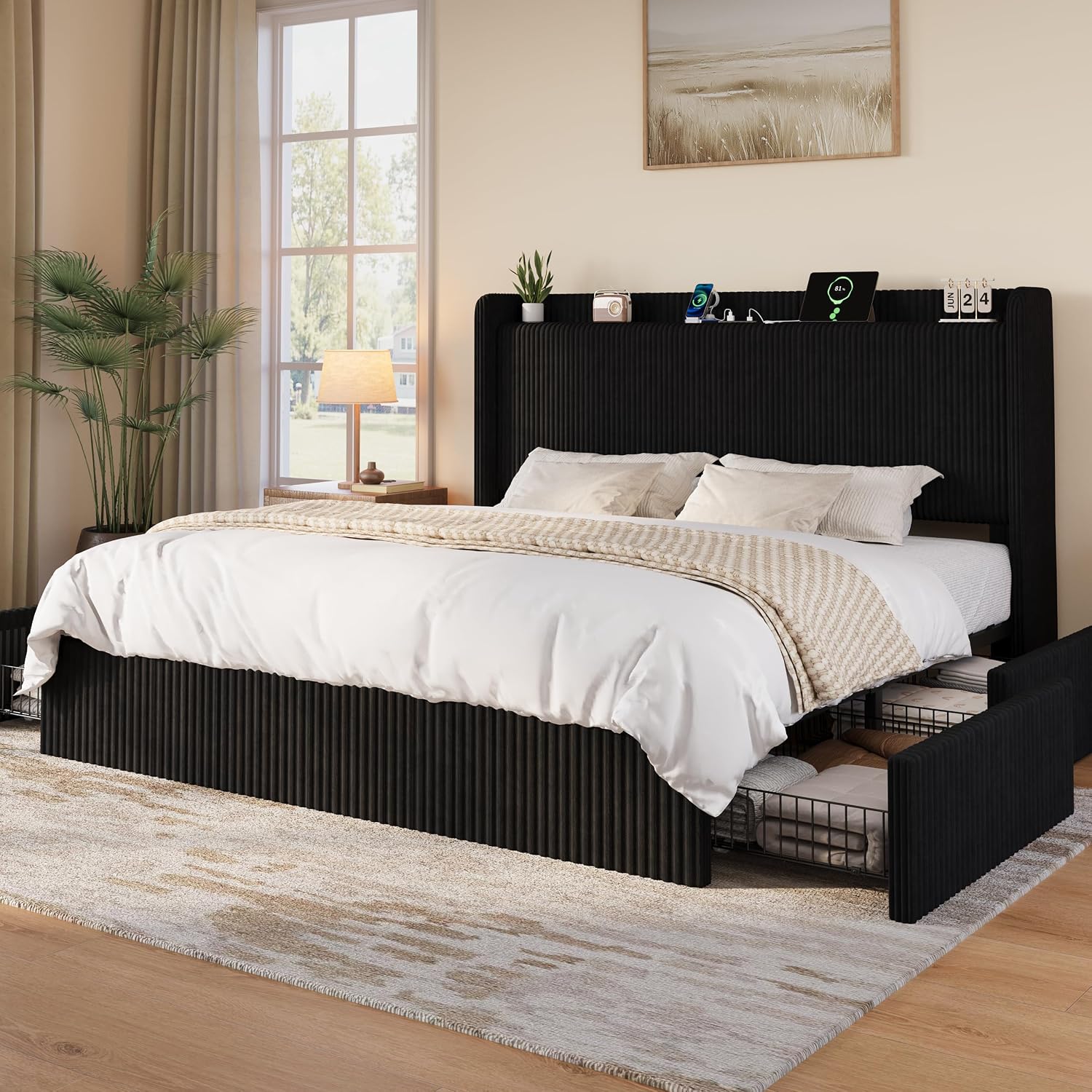 King Size Bed Frame With Storage Drawers - Kingsize-Bettgestell mit 4 Übergroßen Aufbewahrungsschubladen, Schwarz,
