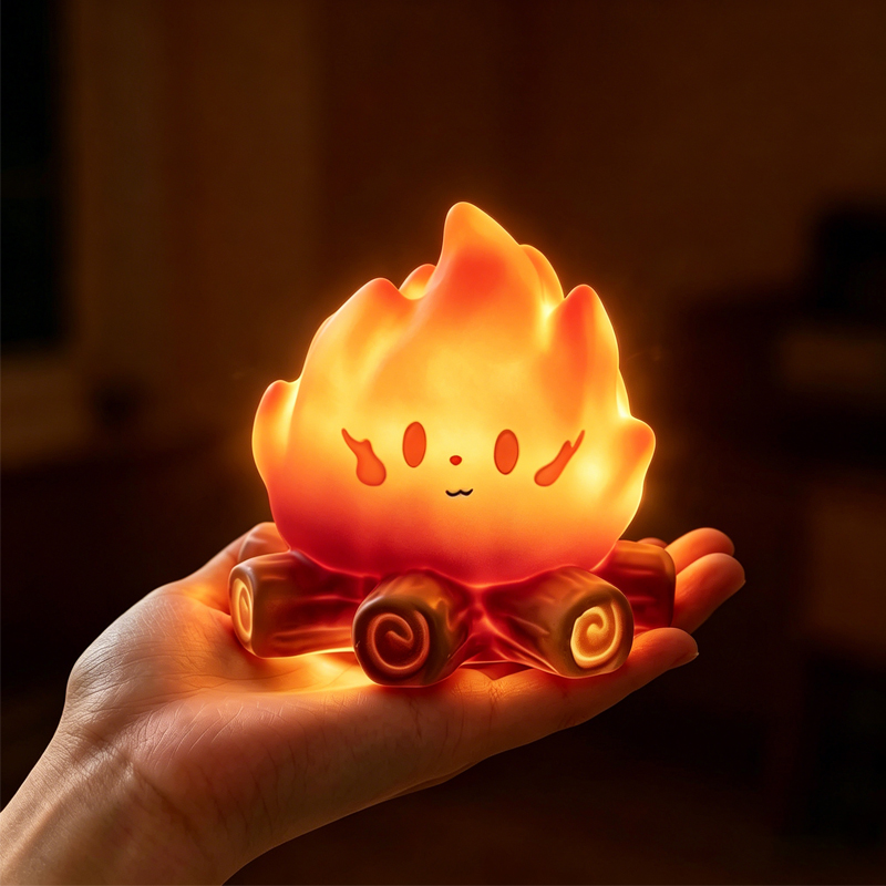 Floating Nightstand With Led Light - Kreatives Kawaii Mini-Cartoon-Lagerfeuer Silikon-Nachtlicht LED-Flammen-Simulation Holzscheit