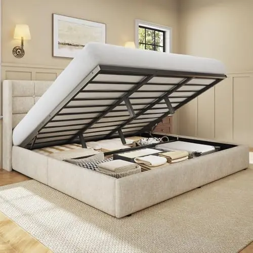 Gas Lift Storage Bed Hydraulic - King-Size-Bettgestell mit Stauraum, Leinenbezogenes Plattformbett mit