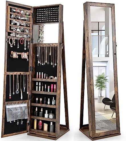 Full Length Mirror Jewelry Armoire - Schmuckschrank mit Ganzkörperspiegel, Abschließbarer Stehender Schmuckorganizer