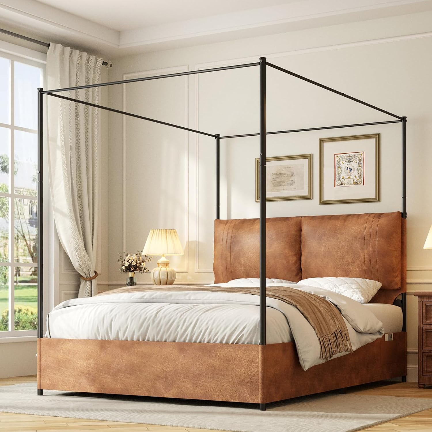 Canopy Bed Frame Metal Queen - Queen-Size Himmelbettgestell mit hohem, gepolstertem Kopfteil