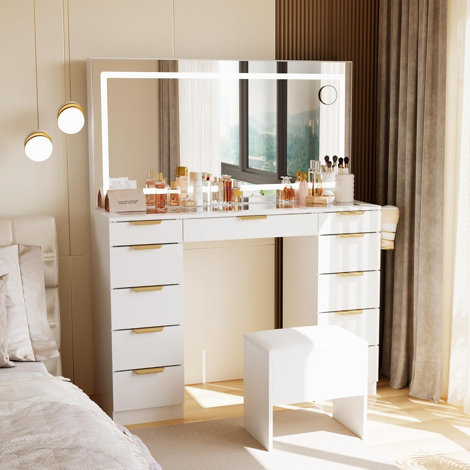 Dressing Table Vanity With Lighted Mirror - Schminktisch mit Glasplatte, Spiegel und Beleuchtung,