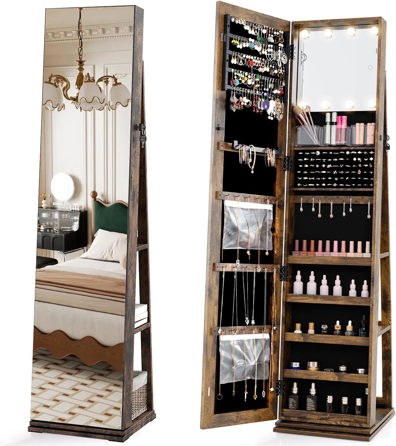 Full Length Mirror Jewelry Armoire - Drehbarer Schmuckschrank mit Ganzkörperspiegel, Beleuchteter Schminkspiegel,