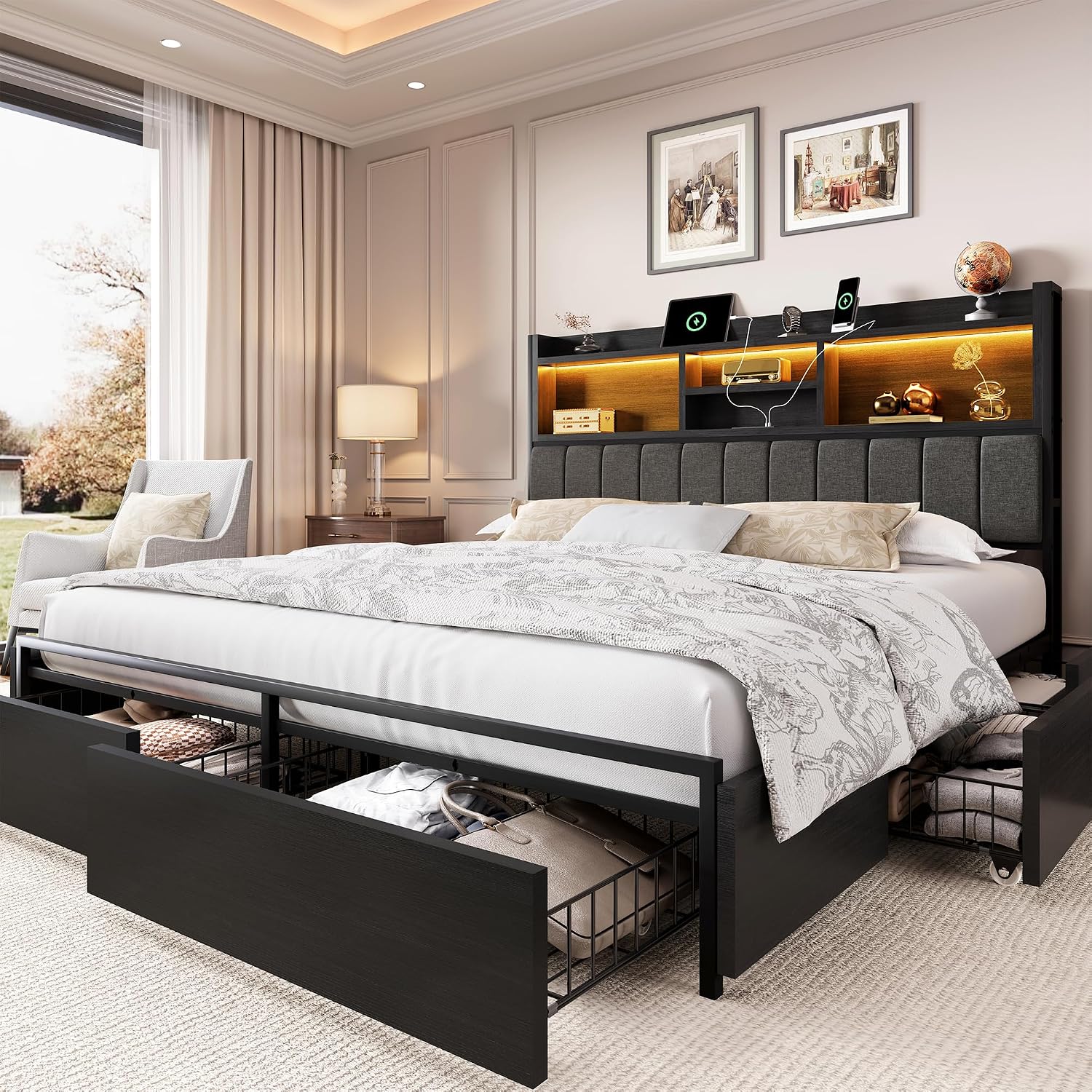 King Size Bed Frame With Storage Drawers - Kingsize-Bettgestell mit 6 Aufbewahrungsschubladen, Kingsize-Bettrahmen mit
