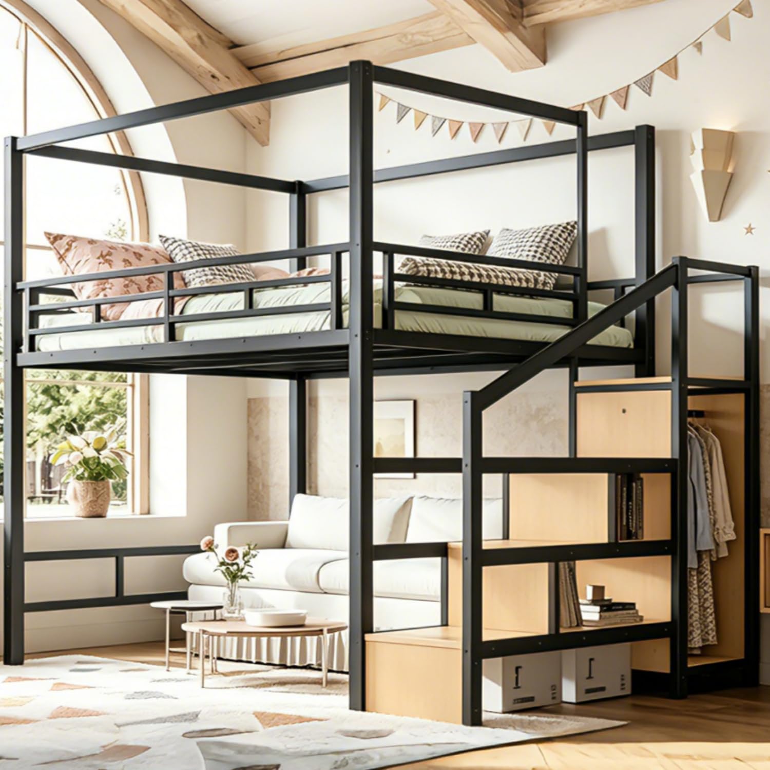 Canopy Bed Frame Metal Queen - Queen-Loftbett mit Stauraumtreppen & Kleiderschrank, Metall-Himmelbettgestell,