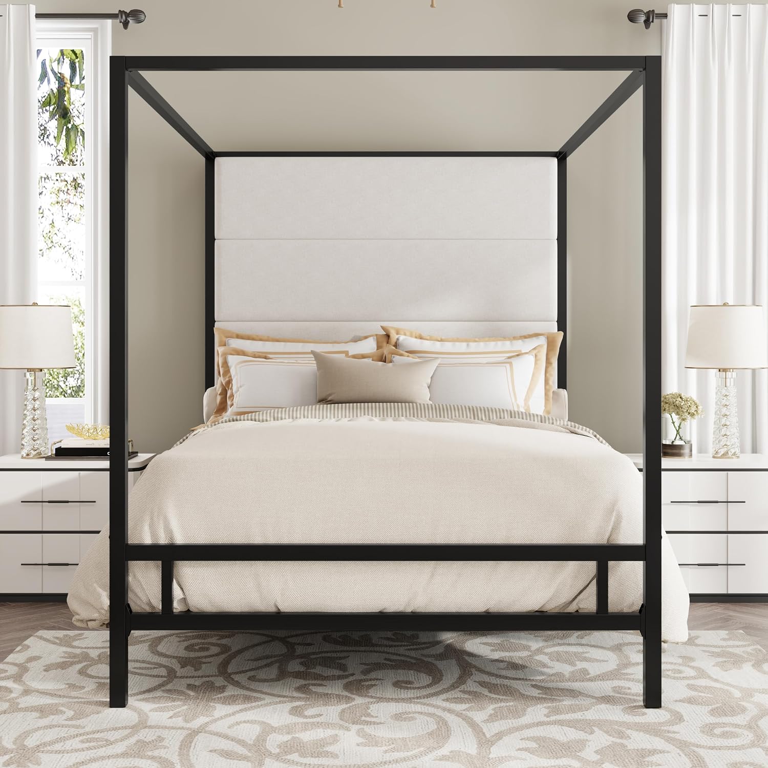 Canopy Bed Frame Metal Queen - Queen-Size-Himmelbettgestell aus Metall mit 4-Säulen-Polsterkopfteil, robuste