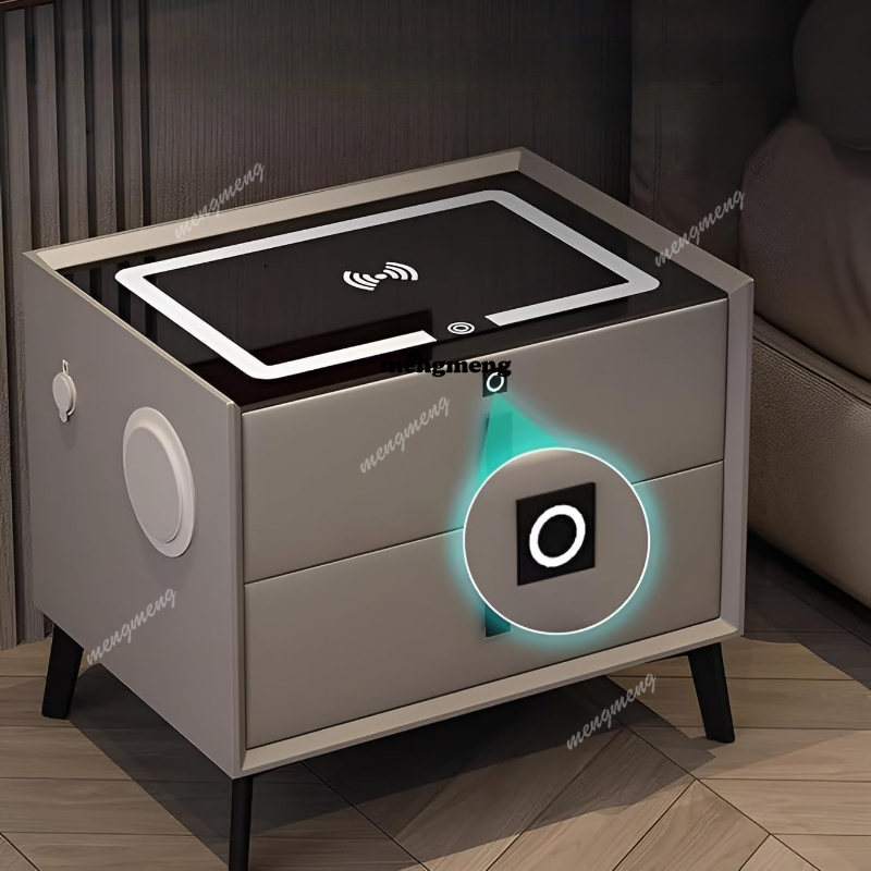 Solid Wood Nightstand 2 Drawers - Intelligenter Nachttisch aus massivem Holz, kabelloses