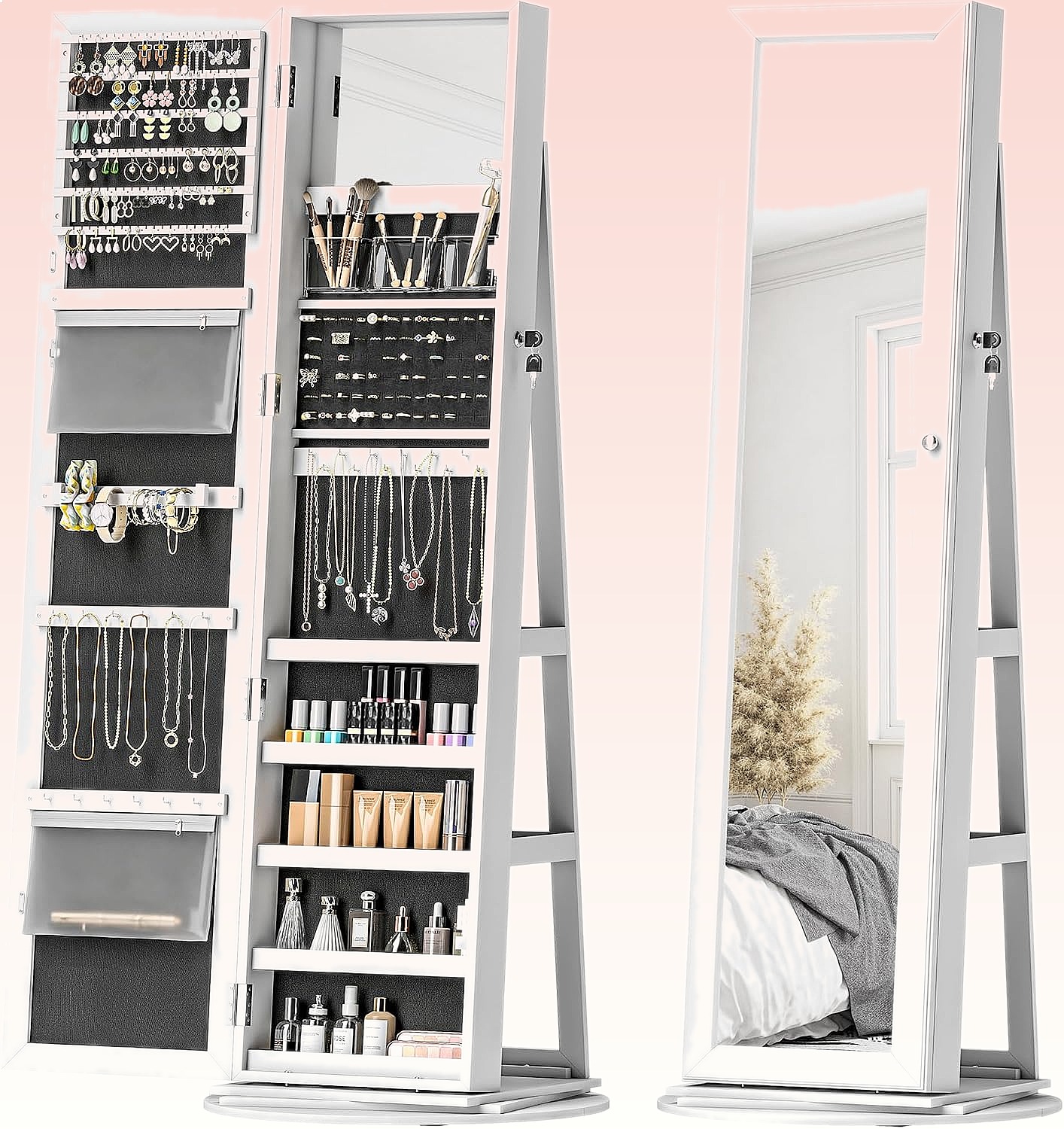 Full Length Mirror Jewelry Armoire - HOMCOM 360 ° Drehbarer, abschließbarer Schmuckschrank-Organizer