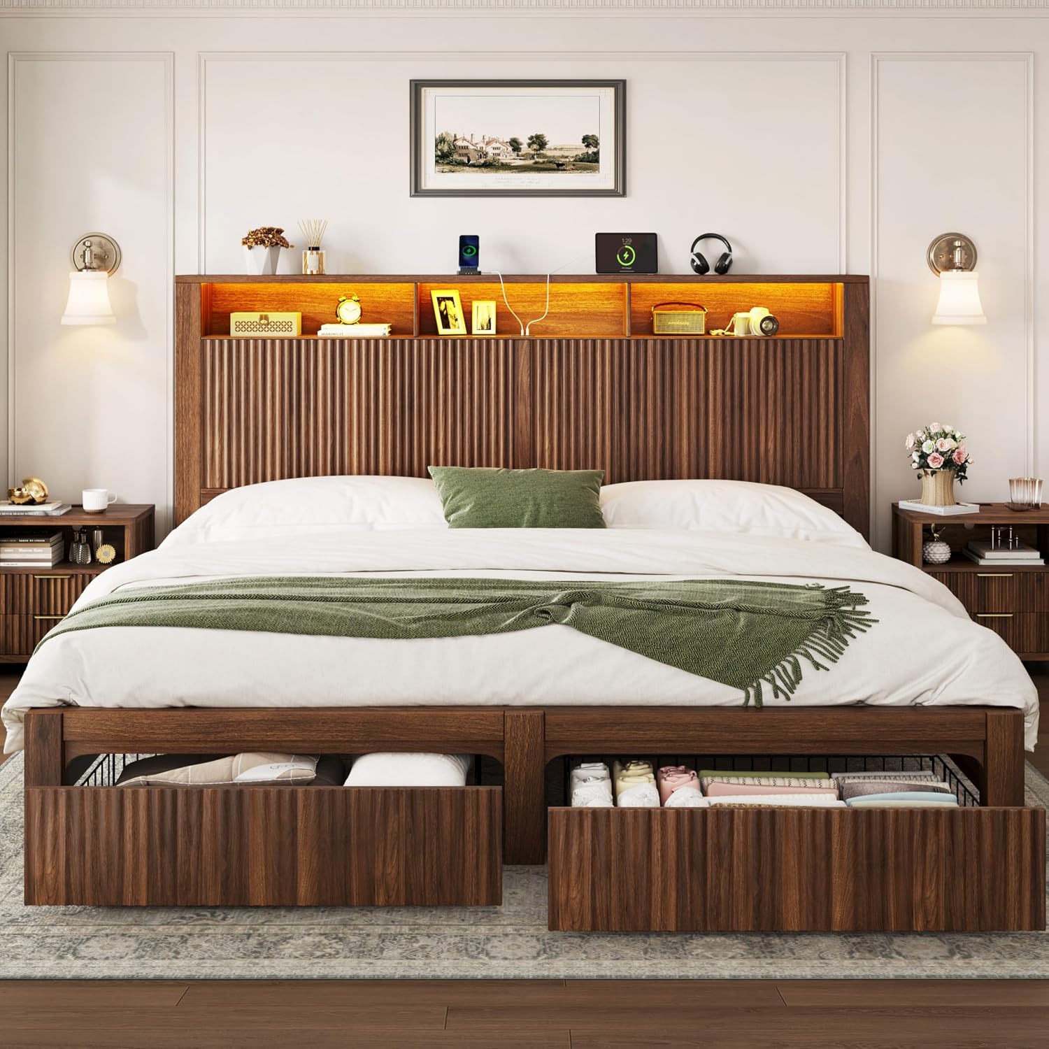 King Size Bed Frame With Storage Drawers - Kingsize-Bettgestell und Kopfteil & 2 Aufbewahrungsschubladen,