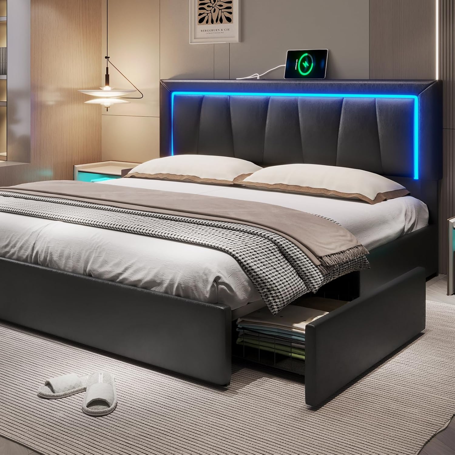 King Size Bed Frame With Storage Drawers - California King Bettgestell mit 4 Aufbewahrungsschubladen
