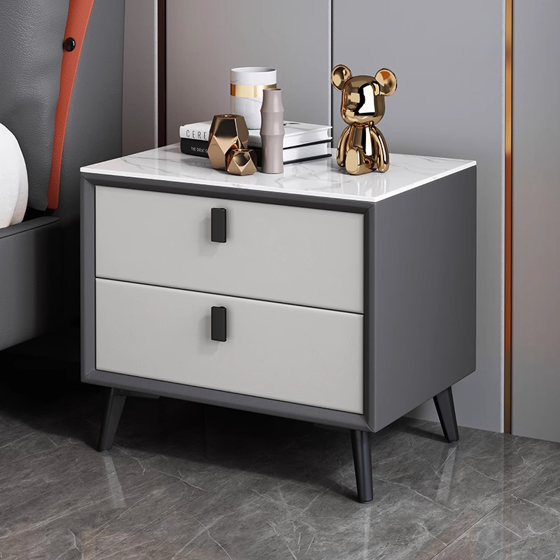 Solid Wood Nightstand 2 Drawers - Nordischer Stil Massivholz-Nachttisch mit Sinterstein-Oberfläche Moderner