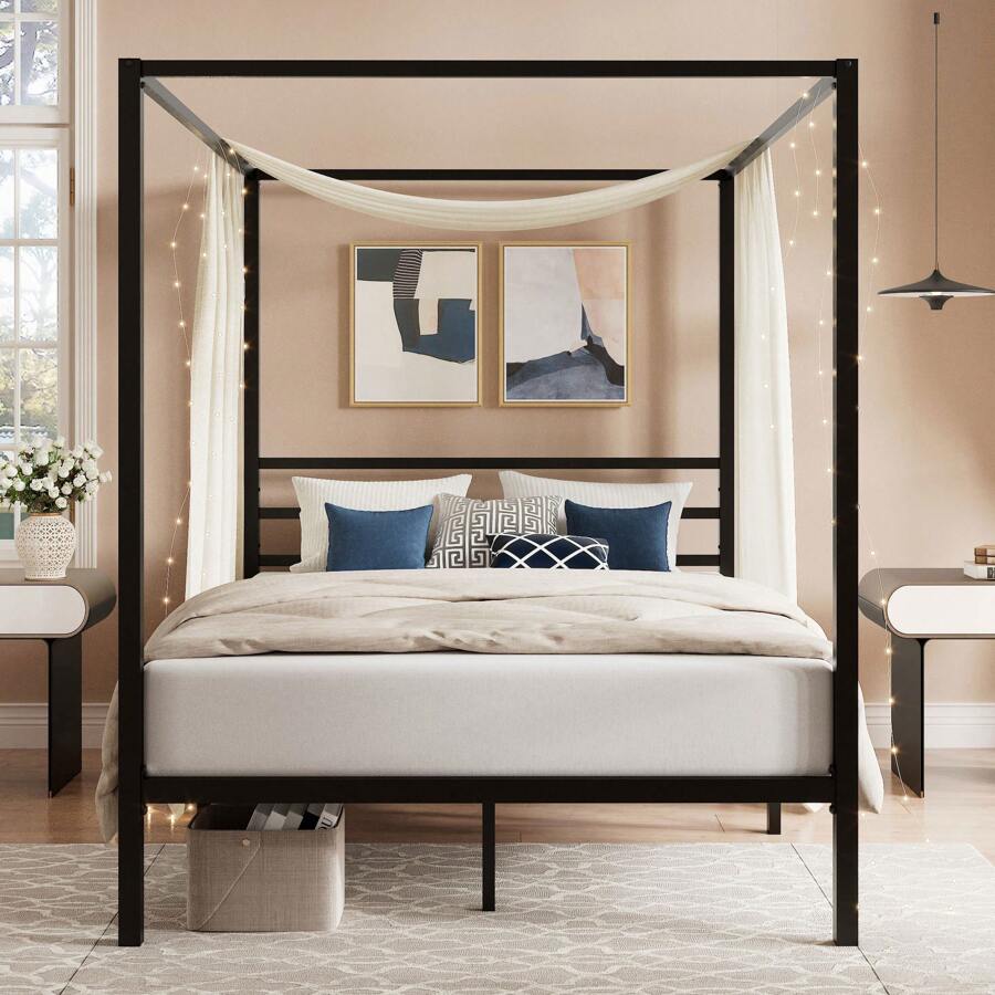 Canopy Bed Frame Metal Queen - Schwarzes Himmelbettgestell, Full/Queen-Größe, Metall-Himmelbett mit 4