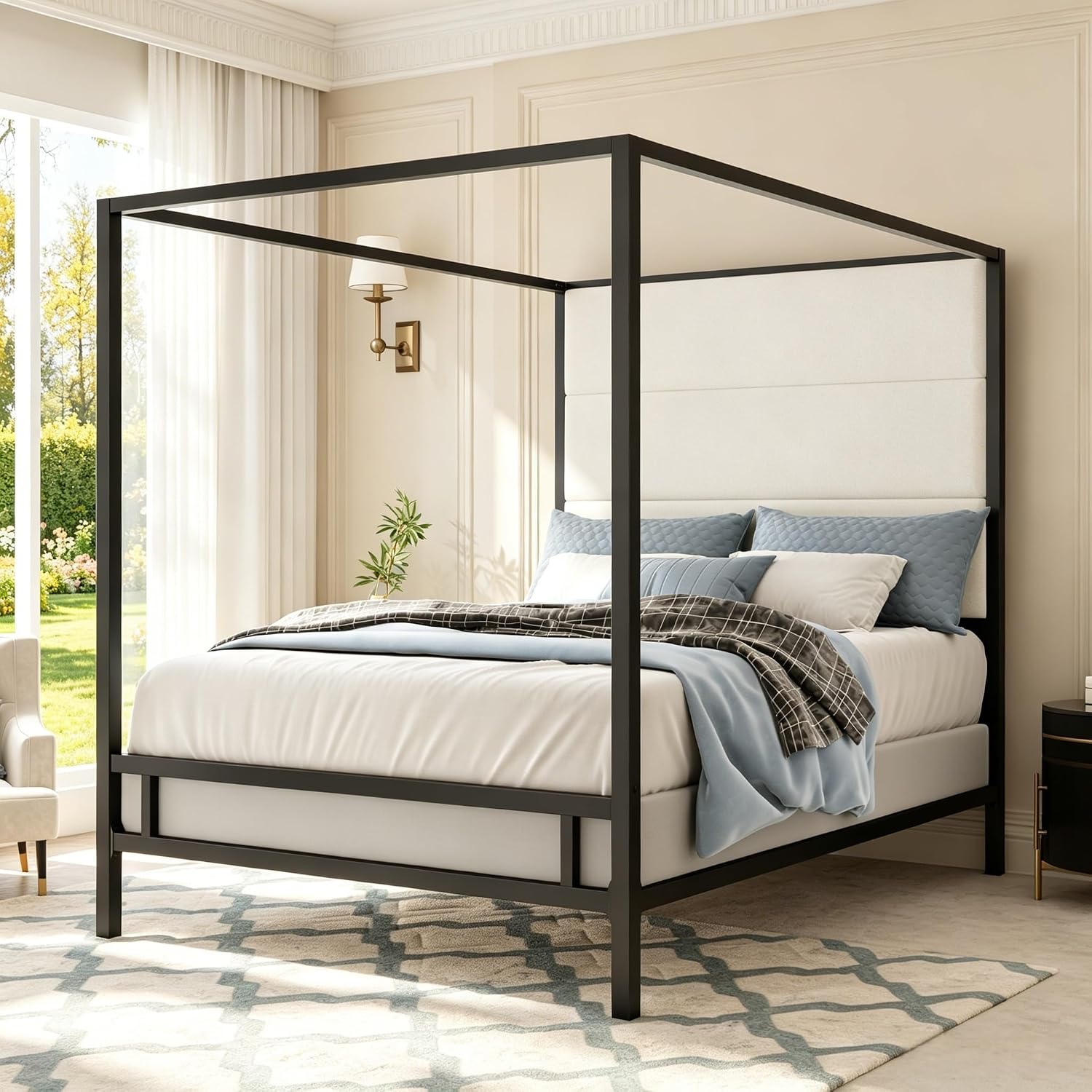 Canopy Bed Frame Metal Queen - Hochbett mit Baldachin, Samtbezug, Metallrahmen, 4-Säulen-Plattform,