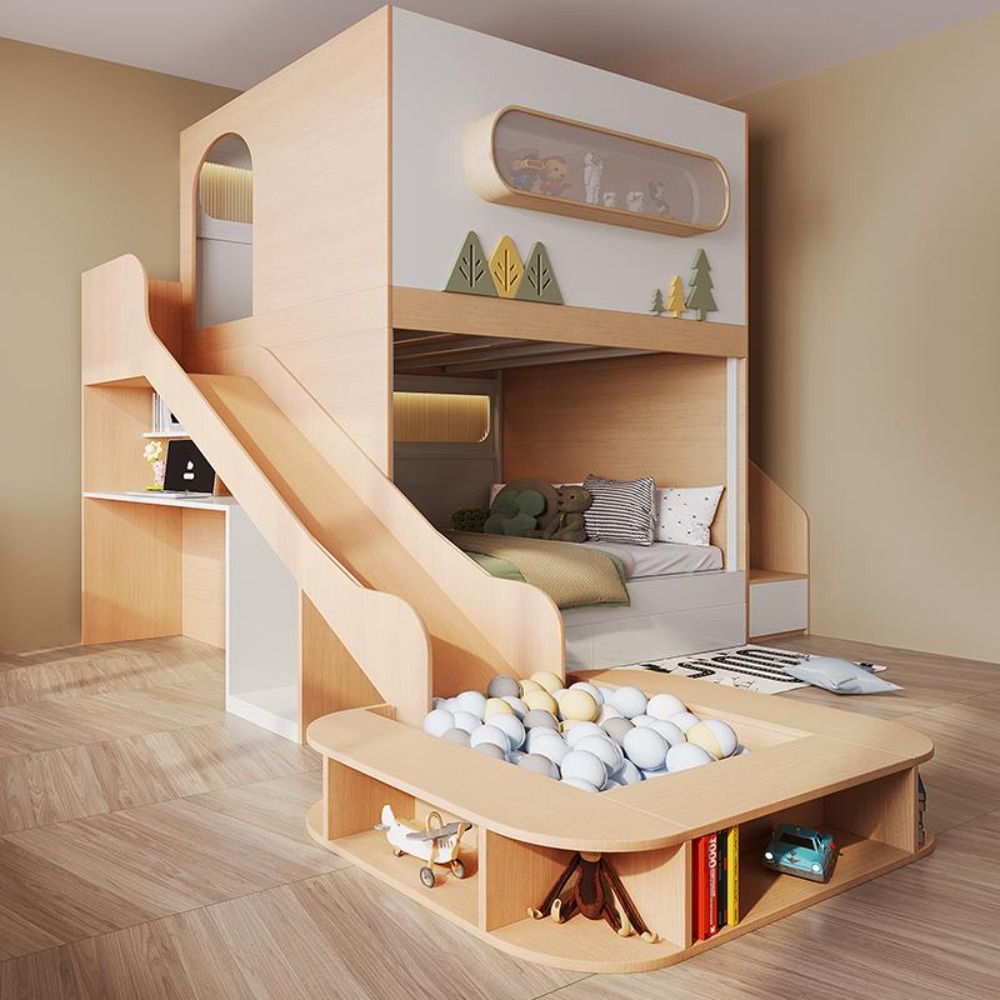 Bunk Bed With Stairs And Slide - Weltraumkapsel-Baumhaus-Etagenbett mit Rutsche und Bällebad, Kinder-Hochbett
