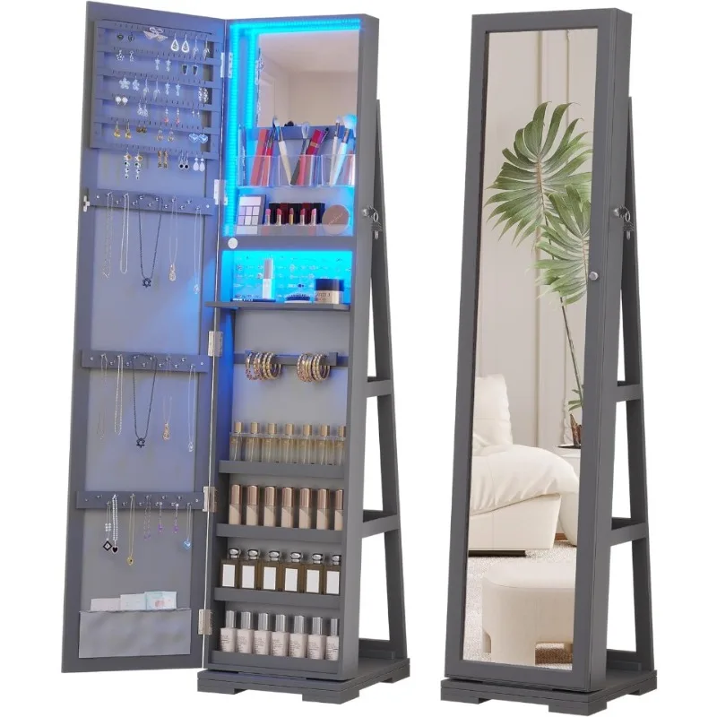 Full Length Mirror Jewelry Armoire - LED-Schmuckschrank mit Ganzkörperspiegel, Abschließbarer Spiegel mit