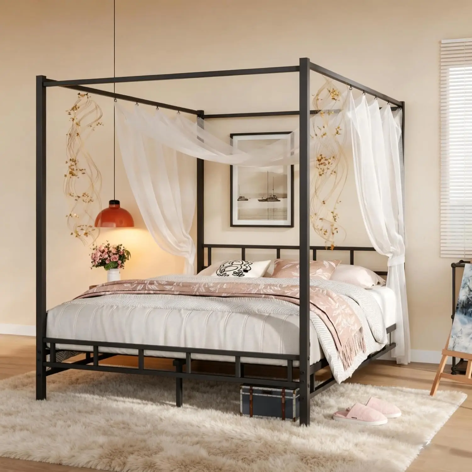 Canopy Bed Frame Metal Queen - Metall-Himmelbettgestell in Queen-Size, Matratzenunterlage mit Metalllatten,