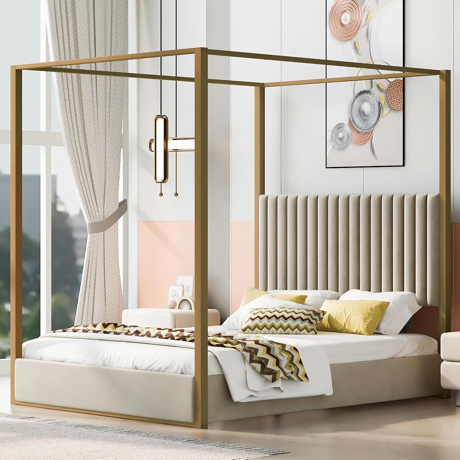 Canopy Bed Frame Metal Queen - Modernes Himmelbett mit Polsterkopfteil, Queen-Size, Goldfarbener