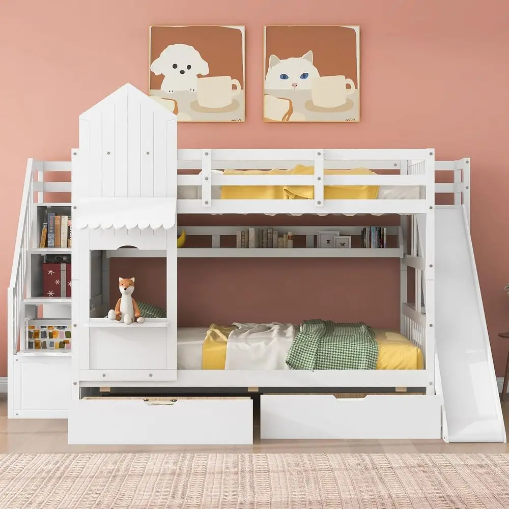Bunk Bed With Stairs And Slide - Weißes Kinder-Etagenbett mit Rutsche und Stauraumtreppe,