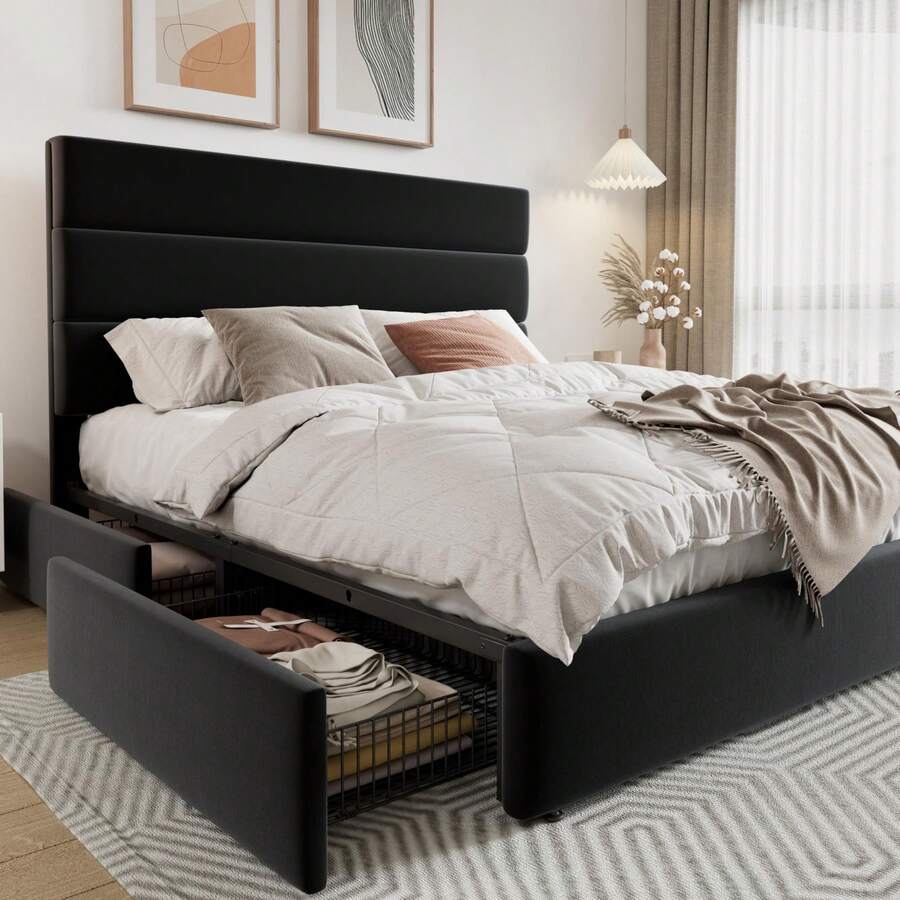 King Size Bed Frame With Storage Drawers - Plattformbettgestell in den Größen Full/Queen/King mit