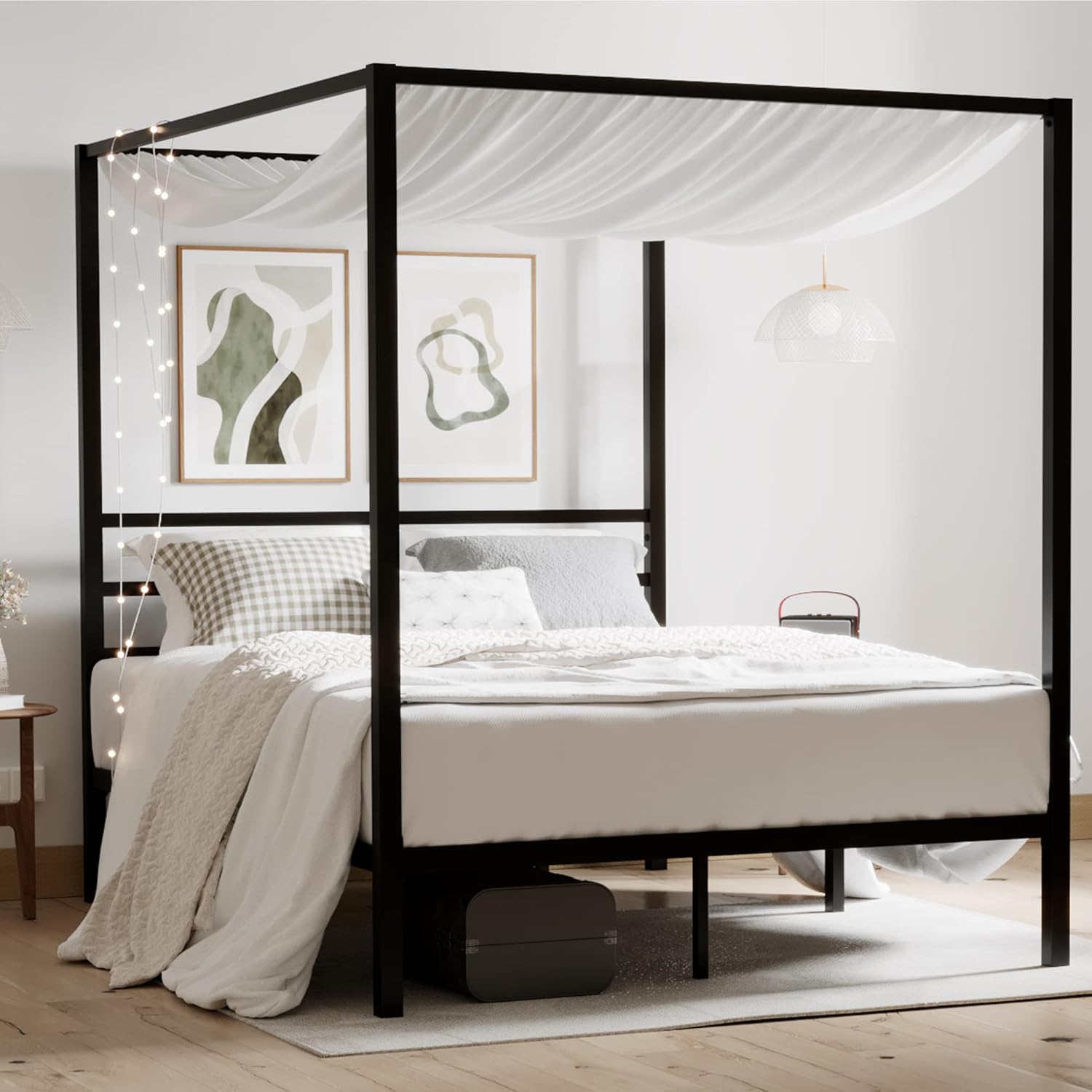 Canopy Bed Frame Metal Queen - Queen-Size Metall-Himmelbettgestell, robuste Plattform mit Stauraum,