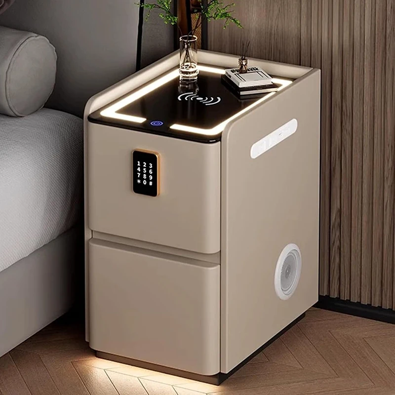 Solid Wood Nightstand 2 Drawers - Nachttische mit USB-Anschlüssen, LED-Beleuchtung, Passwortsperre, 2-Schubladen-Beistelltisch,