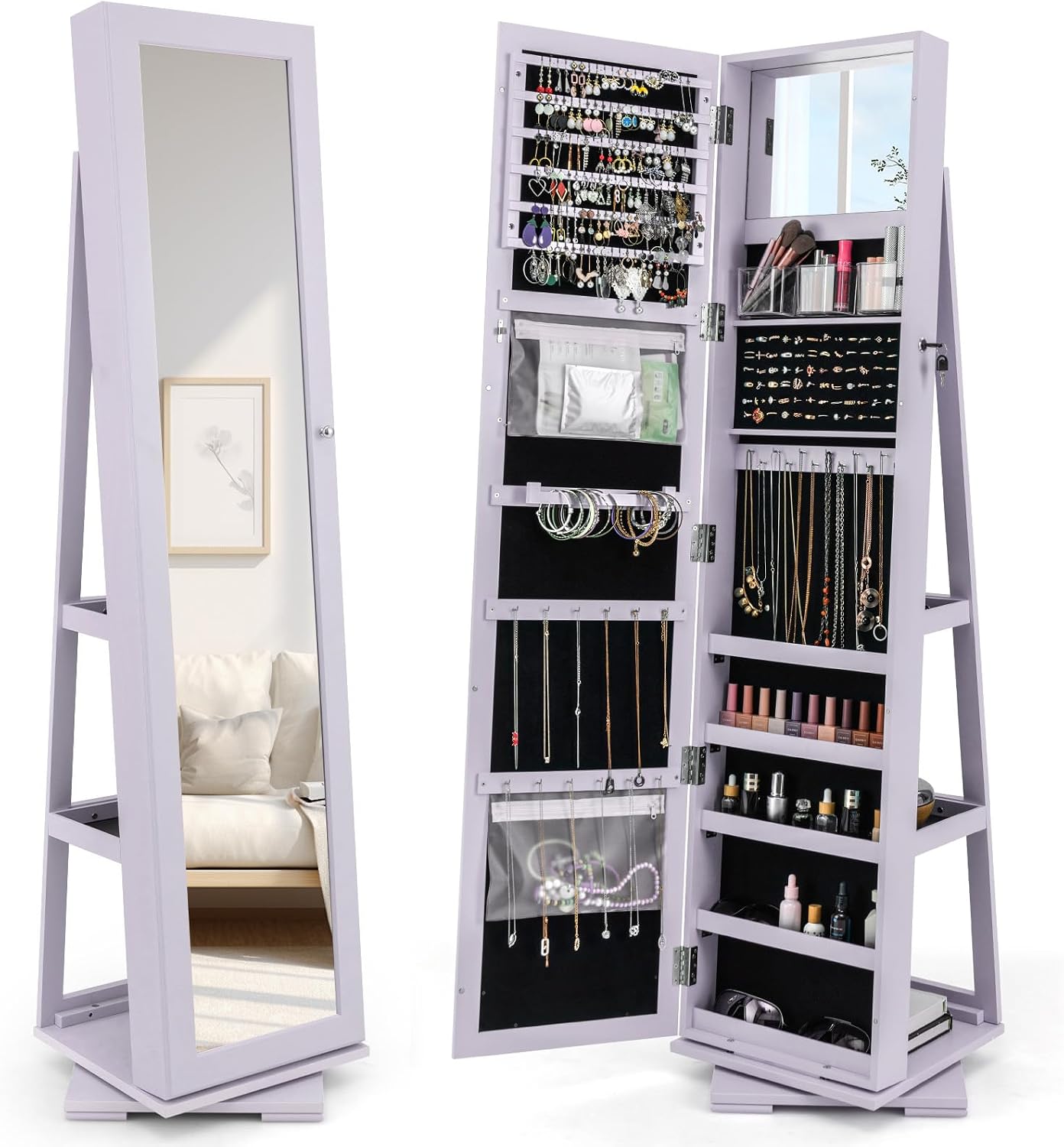 Full Length Mirror Jewelry Armoire - 360° drehbarer Schmuckschrank mit Ganzkörperspiegel, abschließbarer