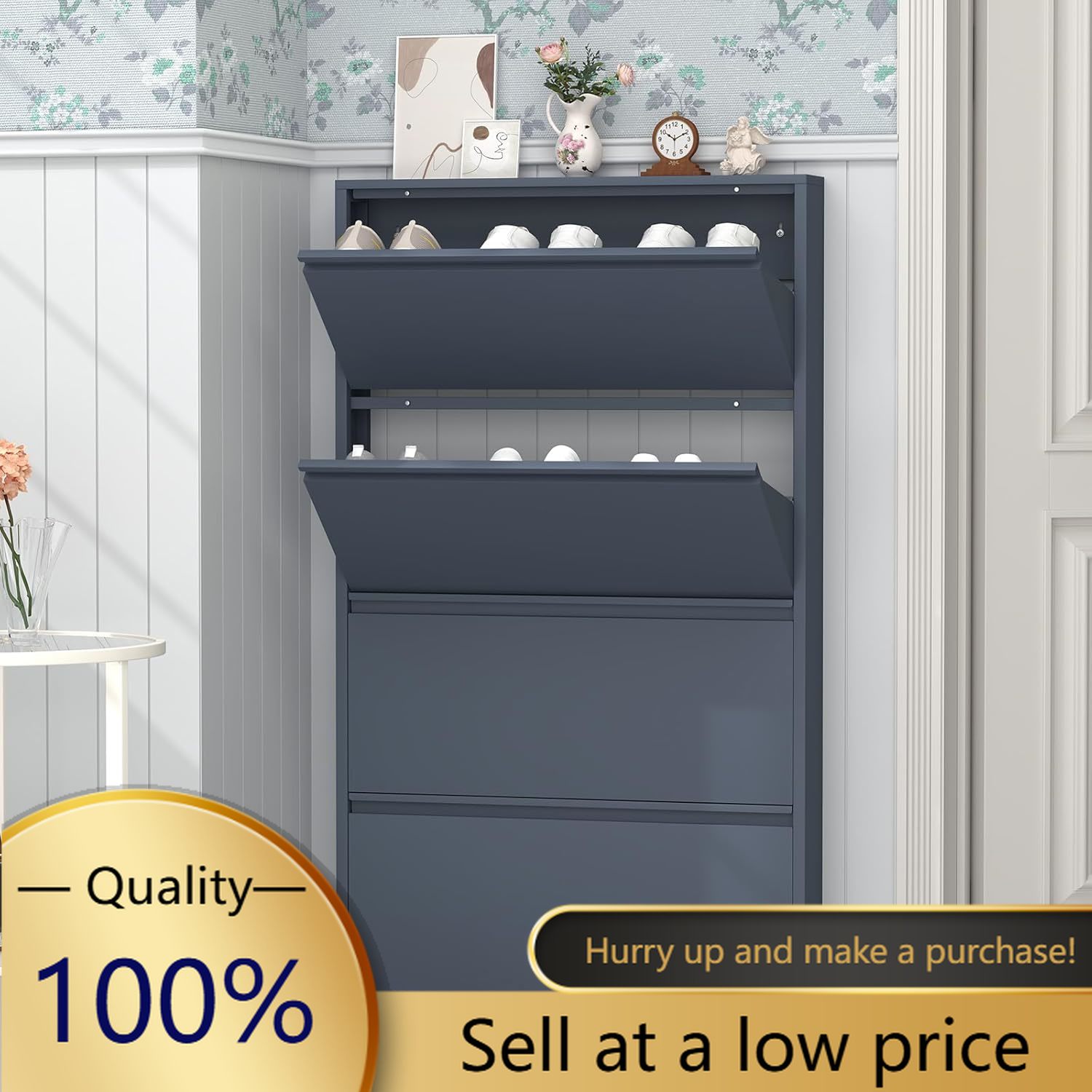 Shoe Rack Cabinet Narrow Entryway - Schmaler Metall-Schuhschrank mit 4 Klappschubladen, Schuhorganizer