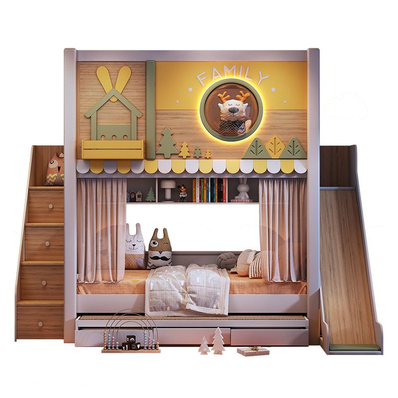 Bunk Bed With Stairs And Slide - Modernes Kinder-Etagenbett im Waldthema mit Rutsche,