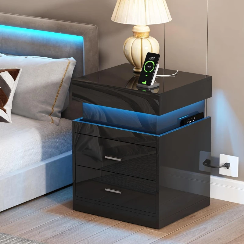 Solid Wood Nightstand 2 Drawers - LED-Nachttisch mit Ladestation, Intelligenter Schiebedeckel, 2
