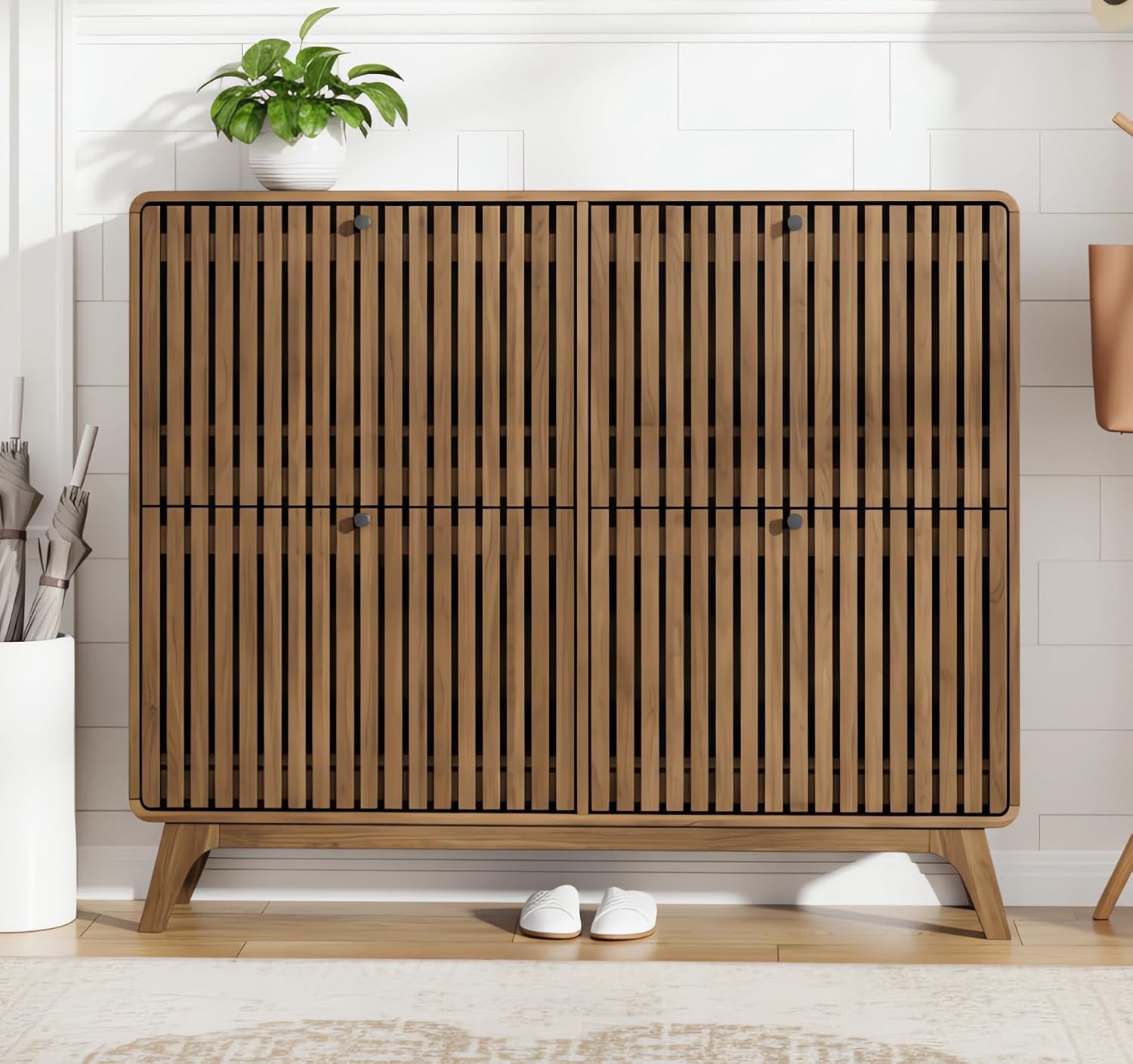 Shoe Rack Cabinet Narrow Entryway - # Großer Bambus-Schuhschrank mit 4 Klappschubladen,